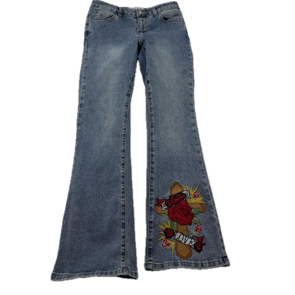 Ashley‎ Mason Flare Jeans Womens 3/26 Blue Excellent Embroidered Cross Rose Y2K